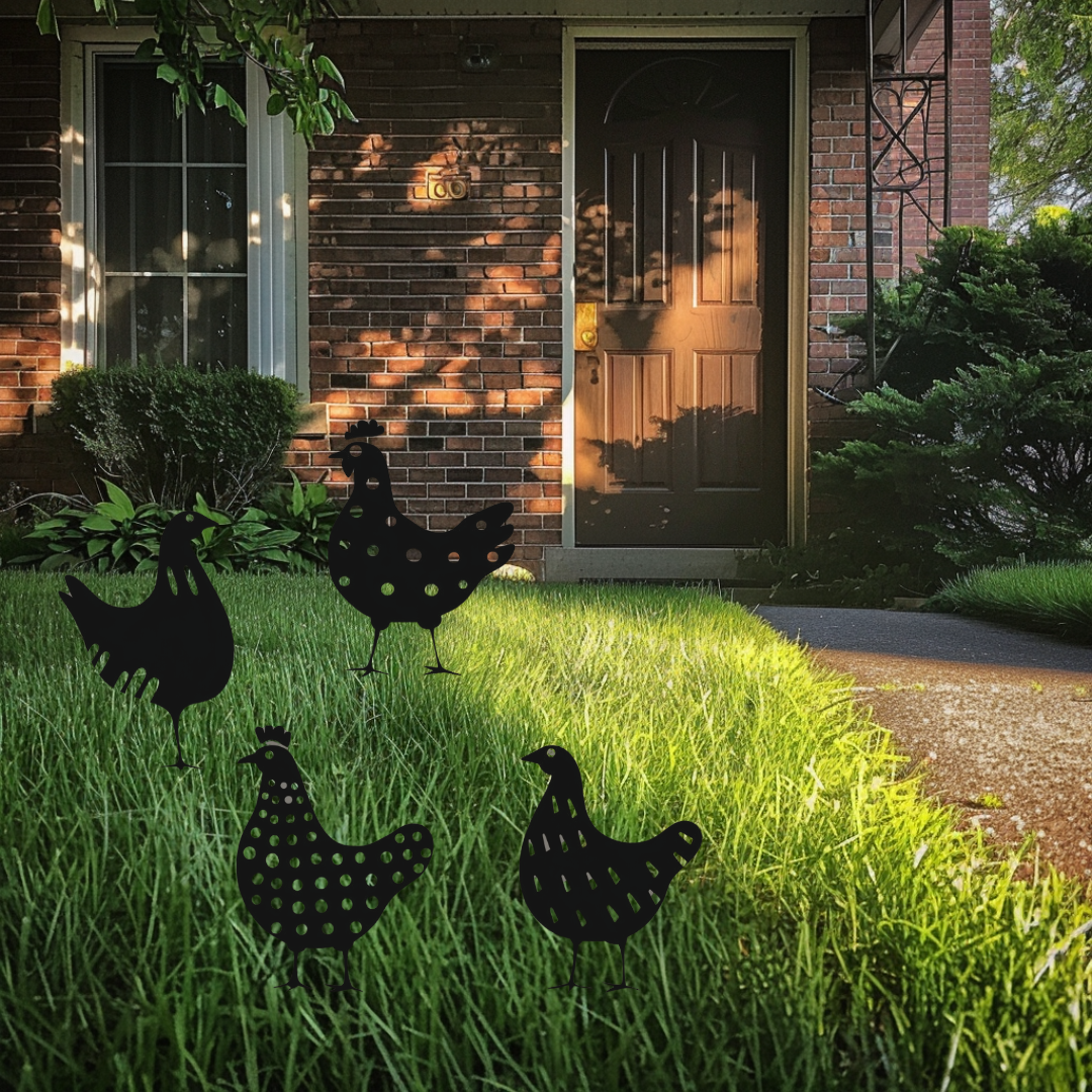 Black metal chicken farm signs in grassy yard, decorative home decor.